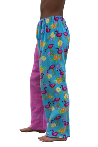 flamingo towel pants, girl, side view