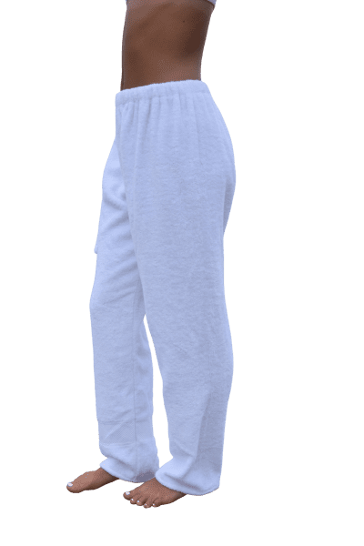 white towel pants, girl, side view