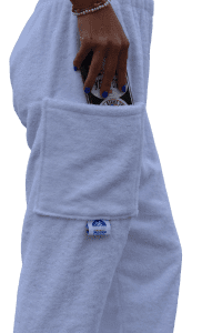 white towel pants, girl, side view pocket