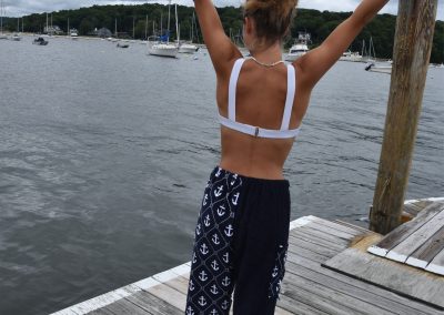 anchor towel pants, girl on dock, back view
